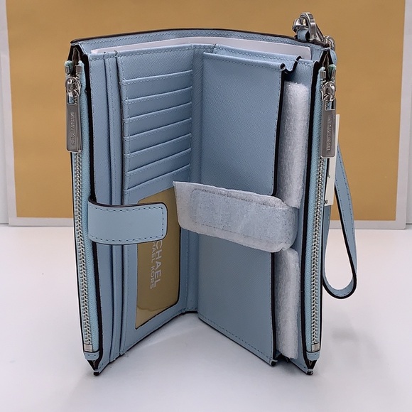 MICHAEL KORS JET SET TRAVEL 35F8GTVWOL VISTA BLUE LG DOUBLE ZIP WRSTLT LEATHER - Picture 5 of 14